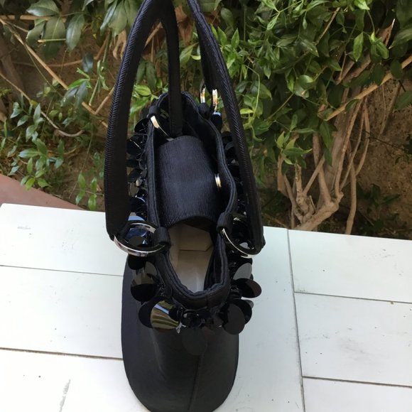 Talbots Black Ribbed Satin Hard Shell Tote Handbag w Paillette Sequins - Picture 3 of 9